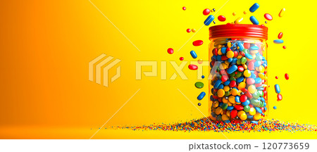 Colorful Candy Jar with Sprinkles and Bright Yellow Background 120773659