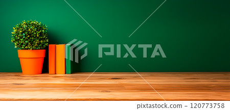 Green Wall with Wooden Table, Potted Plant and Colorful Books 120773758