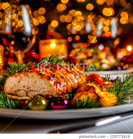 Festive Dinner Table Setting with Grilled Salmon and Holiday Decor 120773818