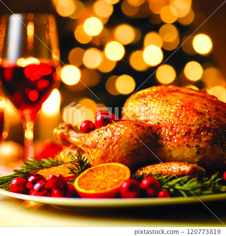 Festive Holiday Dinner Plate with Roasted Chicken and Garnishes 120773819