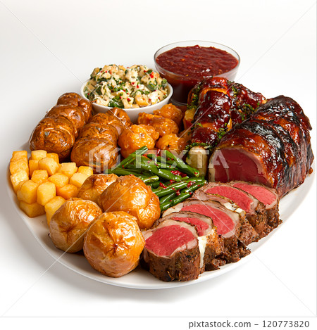 Delicious Feast Platter with Roasted Meat, Sides and Desserts 120773820