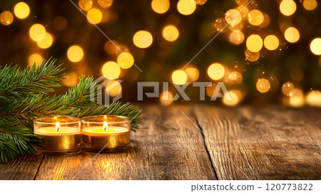 Cozy Holiday Scene with Candles and Pine Branches on Wooden Table 120773822