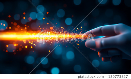 Elegant Hand Touching Bright Orange Energy Beam in Soft Blue Background 120773827