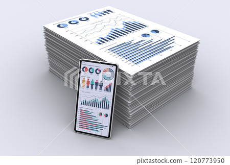 智能手機的圖像和一堆商業材料，制定業務策略並分析數據 120773950