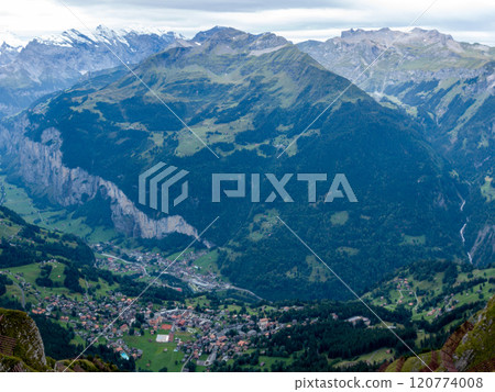 View of the Lauterbrunnen Valley and Schilthorn from the top of Männlichten, Grindelwald, Switzerland 120774008