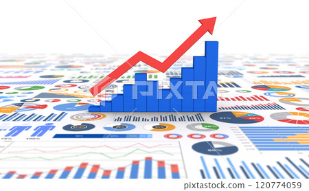 上升的 3D 箭頭和長條圖，V 形恢復影像 120774059