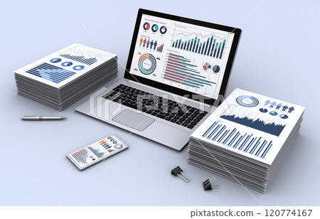 Image of a laptop, smartphone and a pile of business documents, building a business strategy and analyzing data 120774167