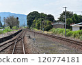 A view of a rural station from inside a train 120774181