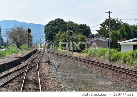 A view of a rural station from inside a train A view of a rural station from inside a train 120774181