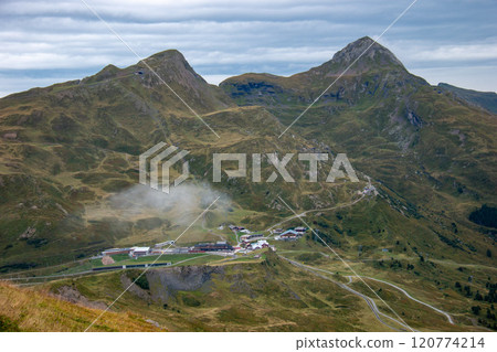 View of Kleine Scheidegg and Tschuggen from the Eigergletscher, Grindelwald, Switzerland View of Kleine Scheidegg and Tschuggen from the Eigergletscher, Grindelwald, Switzerland 120774214