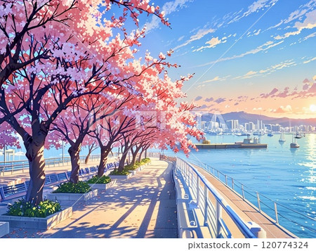 Seaside promenade with cherry blossoms in full bloom-2 120774324