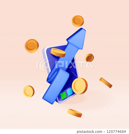 3D growth stock coin chart and arrow on smartphone 3D growth stock coin chart and arrow on smartphone 120774684