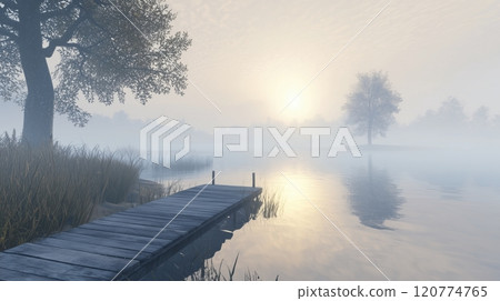 美妙的日出和安靜的湖霧 120774765