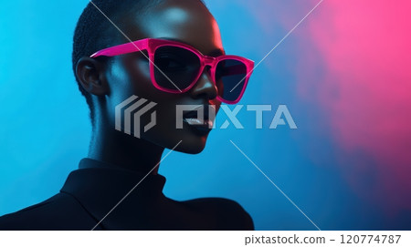 A dark-skinned woman with bold pink sunglasses and a black outfit stands under gentle blue lighting 120774787