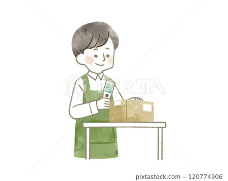 一名身穿圍裙的男子使用手持終點 — 水彩 120774906