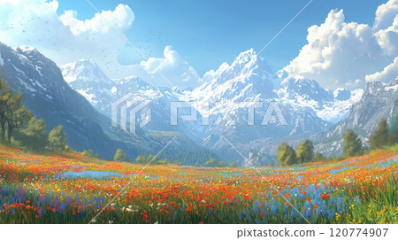 A secluded flower field and a distant view of blue mountains 120774907