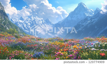 安靜的自然環境中的花田和山脈 120774909