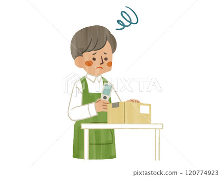 A man wearing an apron working with a handheld terminal with a troubled expression - Gash 120774923