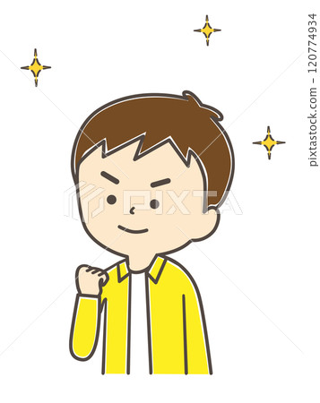 A boy making a fist pump with one hand 120774934