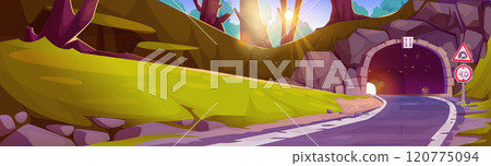 Forest landscape with winding mountain road tunnel 120775094