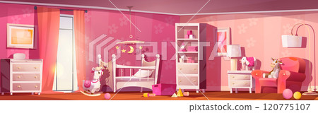 Cute baby nursery room interior with crib cartoon 120775107
