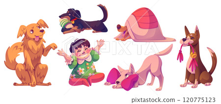 Cute playful dogs and child set isolated on white Cute playful dogs and child set isolated on white 120775123