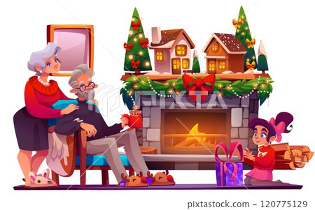 Family near warming fireplace at Christmas 120775129