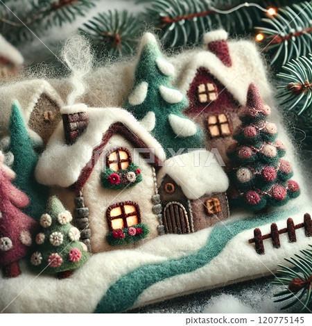 Felt snow country house and fir tree 120775145
