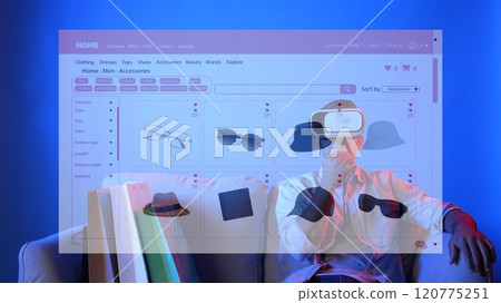 Man sitting at sofa by using VR glasses and shopping online platform. Apparatus. 120775251
