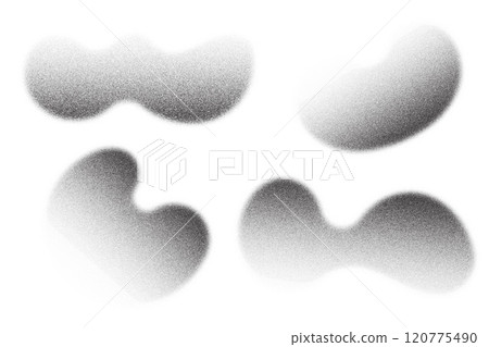 Dotted noisy gradient shapes. Grainy abstract spray paint wavy shadow on white background. Vector grunge halftone effect. Fluid dusty blobs. 120775490