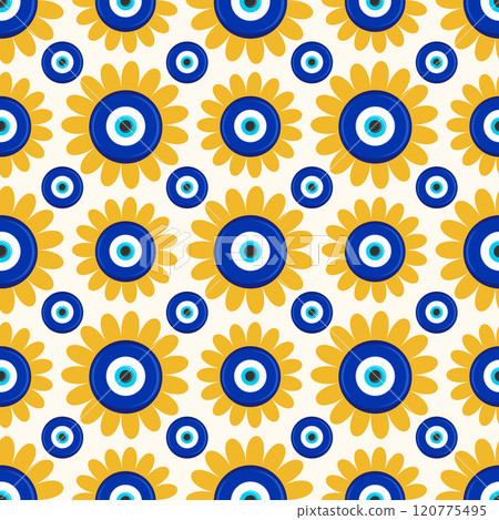 Evil eye Greek seamless pattern. Vector background with blue beads. Turkish nazar - ethnic symbol of protection energy and luck. Mystic amulet with meander ornament. Cute cosmic design 120775495