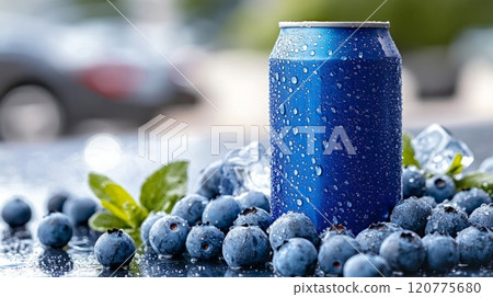 A blue metal can, shimmering with condensation A blue metal can, shimmering with condensation 120775680