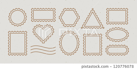 Outline Postage Stamp Vector Frames Set. Postal Shapes Border. Vintage Blank Postmark Template is Different Forms Triangle, Rectangle, Oval, Circle, Heart For Letter, Post Card, Web Design. 120776078