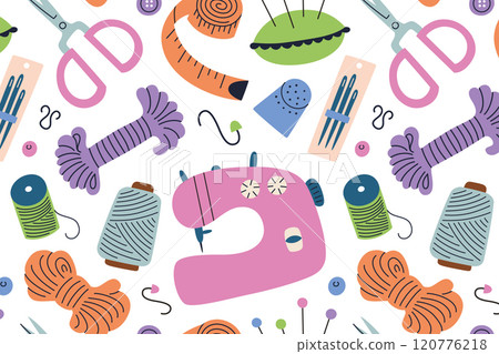 Vector illustration of colorful and cheerful sewing pattern, set of spools, needles, scissors, and sewing tools on white background, needlework doodles and sewing machine in cartoon style 120776218