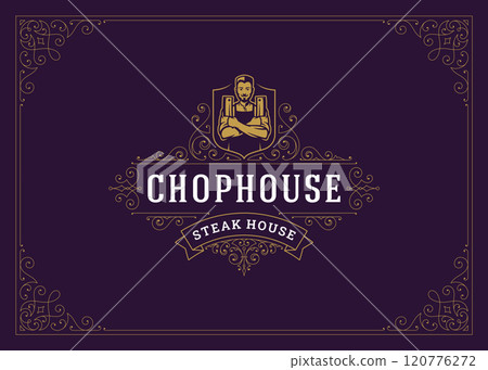 Classic vintage floral motif golden ornate logo butchery butcher shop design template vector Classic vintage floral motif golden ornate logo butchery butcher shop design template vector 120776272