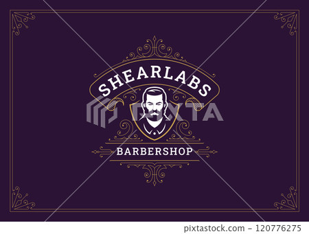 Classical luxury flourishes swirl golden ornate logo barbershop design template vector Classical luxury flourishes swirl golden ornate logo barbershop design template vector 120776275