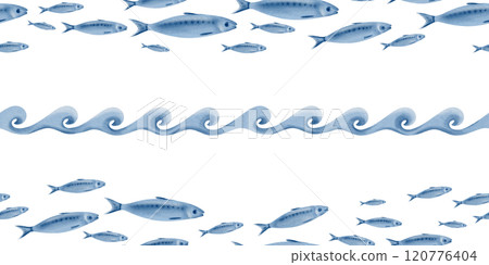 Sardine fish and a stylized ocean wave in seamless pattern swimming in a shoal watercolor illustration on a transparent background for fish restaurants,websites,posters,fish markets and stores 120776404