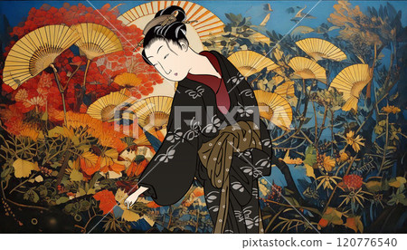 Japanese-style background and beautiful woman (background: generated AI) 120776540
