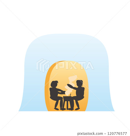 Illustration of a couple enjoying hotpot in a snow hut Illustration of a couple enjoying hotpot in a snow hut 120776577