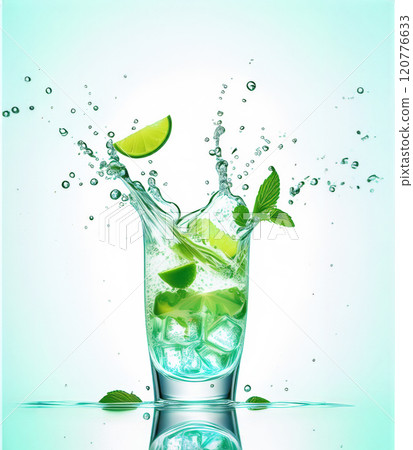 The image vividly captures the dynamic and refreshing moment of bright lime wedges and fresh mint leaves, along with crystal-clear ice cubes splashing energetically in a glass of mojito 120776633