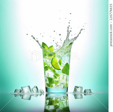 The image vividly captures the dynamic and refreshing moment of bright lime wedges and fresh mint leaves, along with crystal-clear ice cubes splashing energetically in a glass of mojito 120776635