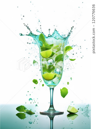 The image vividly captures the dynamic and refreshing moment of bright lime wedges and fresh mint leaves, along with crystal-clear ice cubes splashing energetically in a glass of mojito 120776636