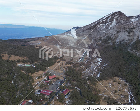 Aerial view of Mount Karakunidake and Mount Iou emitting smoke on the Ebino Plateau Aerial view of Mount Karakunidake and Mount Iou emitting smoke on the Ebino Plateau 120776653