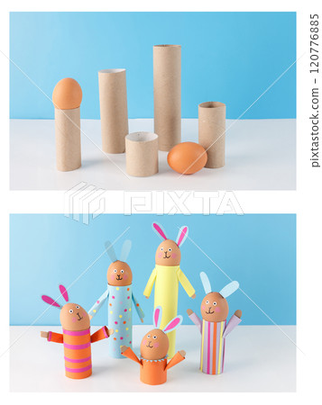 step by step instruction how make five handmade bunny crafts from cardboard tubes and decorated with colorful paper. Each bunny has an egg-shaped head with drawn-on facial features and paper ears, 120776885
