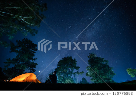 nature traveling with orange camping tent on mountain with milky way background 120776898