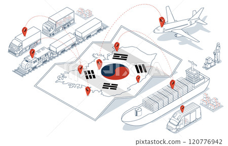 South Korea Logistics Network concept with Global Logistics, Warehouse Logistics, Sea Freight Logistics, Export, Import, Cargo, Air, Road, Maritime delivery. Vector illustration eps10 South Korea Logistics Network concept with Global Logistics, Warehouse Logistics, Sea Freight Logistics, Export, Import, Cargo, Air, Road, Maritime delivery. Vector illustration eps10 120776942