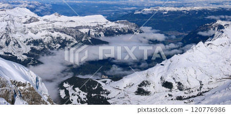 Spectacular view from the Jungfraujoch observation deck, Lauterbrunnen, Grindelwald, Switzerland Spectacular view from the Jungfraujoch observation deck, Lauterbrunnen, Grindelwald, Switzerland 120776986
