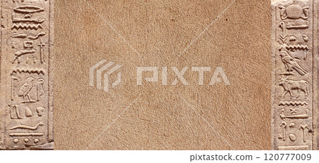Horizontal background with ancient Egyptian hieroglyphs on stone wall, Egypt, Africa. Backdrop with sandstone carving with hieroglyph. Mock up template. Copy space for text Horizontal background with ancient Egyptian hieroglyphs on stone wall, Egypt, Africa. Backdrop with sandstone carving with hieroglyph. Mock up template. Copy space for text 120777009