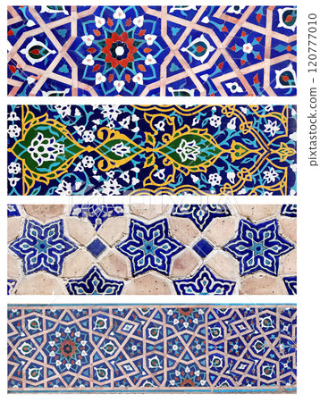 Set of vertical or horizontal banners with detail of ancient mosaic walls with floral and geometric ornaments. Collection of background with traditional islamic tile decoration. Tile decor on old wall Set of vertical or horizontal banners with detail of ancient mosaic walls with floral and geometric ornaments. Collection of background with traditional islamic tile decoration. Tile decor on old wall 120777010