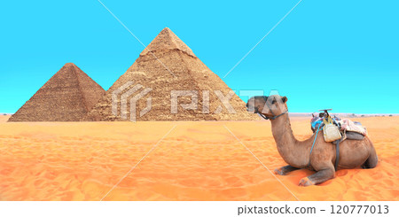 Camel in a colorful horse-clothes resting on the sand near to pyramids, Giza, Cairo, Egypt. Horizontal banner with Dromedary camel and two Great Pyramids, Giza pyramid complex (Giza Necropolis) Camel in a colorful horse-clothes resting on the sand near to pyramids, Giza, Cairo, Egypt. Horizontal banner with Dromedary camel and two Great Pyramids, Giza pyramid complex (Giza Necropolis) 120777013
